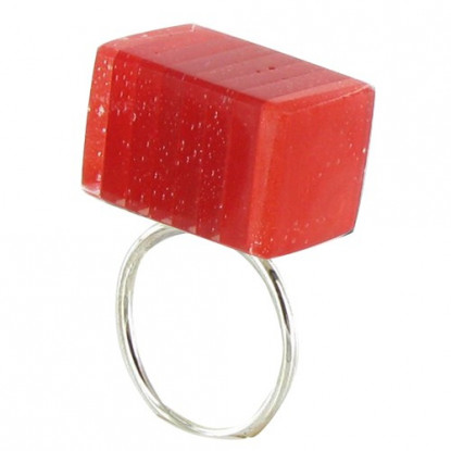 Bague Rectangle en Argent 925 et Verre Feuilleté Rouge