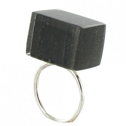 Bague Rectangle en Argent 925 et Verre Feuilleté Noir