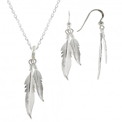 Parure Plumes Argent 925 Collier et Boucles d'Oreilles