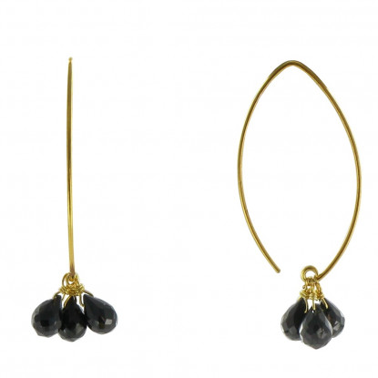 Boucles d'Oreilles Argent 925 Doré 3 Gouttes Facettées d'Onyx Noir