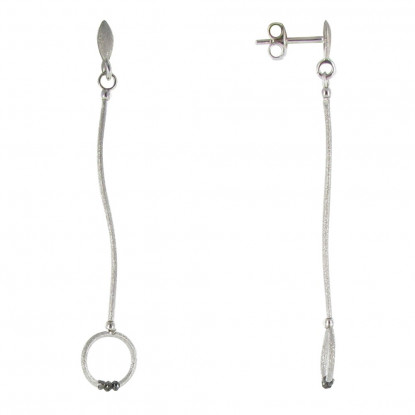 Boucles d'Oreilles Argent 925 Brossé Anneau Pendant et 3 Diamants Noirs