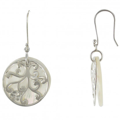 Boucles d'Oreilles Argent 925 Cercle de Nacre Ivoire et Arabesque