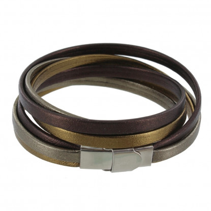 Bracelet Cuir Trois Lanières Or Argent Bronze Fermoir Acier Inoxydable