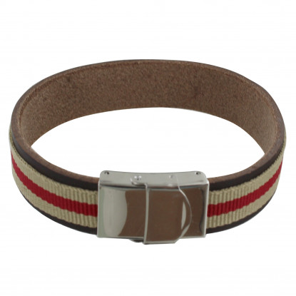 Bracelet Homme Cuir Marron Foncé Galon Rouge et Beige