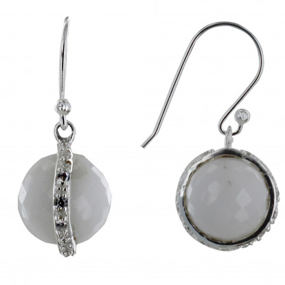 Boucles d'Oreilles Crochet Argent Sphère d'Agate Blanche et Strass