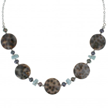 Collier Chaine Argent Disque Nacre Tigrée et Pépites de Larimar
