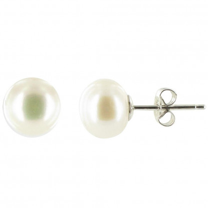 Boucles d'Oreilles Clou d'Argent et Perle de Culture Blanche 8- 9 mm