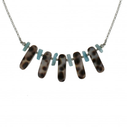 Collier Chaine Argent Lamelle Nacre Tigrée et Pépites de Larimar