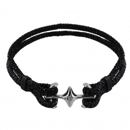 Bracelet Mixte Rhodium Double Ancre et Galuchat - 20cm 