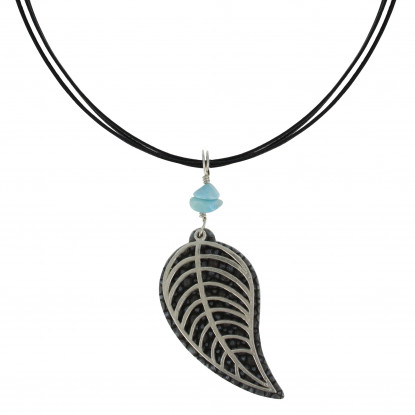 Collier Cordon en Cuir Feuilles de Galuchat et Argent Pépites de Larimar