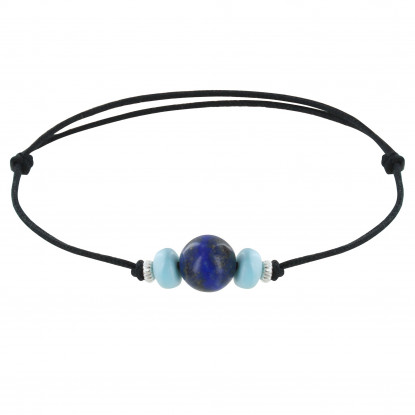 Bracelet Lien de Coton Perle de Lapis Lazuli Deux Anneaus de Larimar et d'Argent