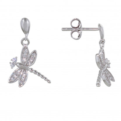 Boucles d'Oreilles Argent Rhodié Libellule et Strass