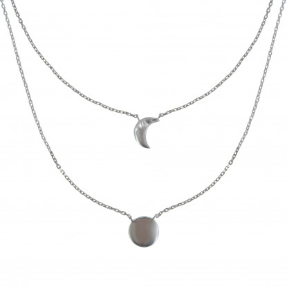 Collier Double Chaine Argent Rhodié Lune et Croissant de Lune