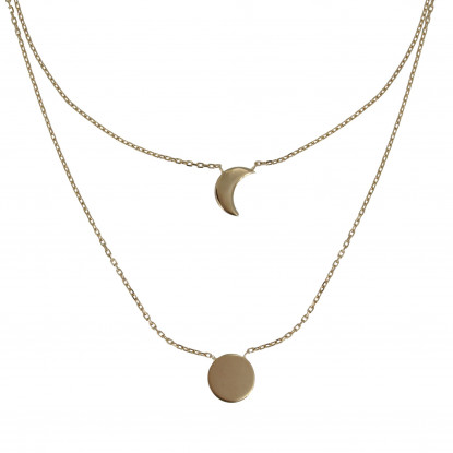 Collier Double Chaine Plaqué Or Lune et Croissant de Lune