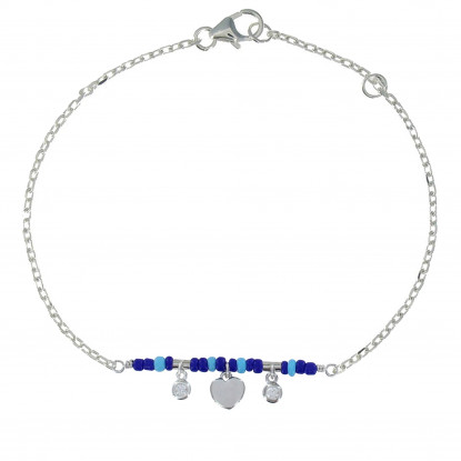 Bracelet Argent Rhodié Petit Coeur Deux Strass et Perles Bleus