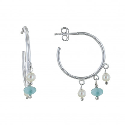 Boucles d'Oreilles Argent Créoles Breloques Perle de Culture et de Larimar