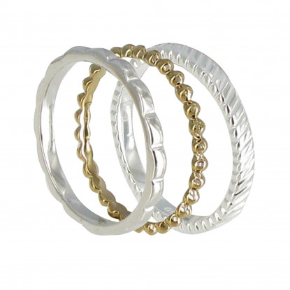 Set 3 Bagues Anneau de Vagues Argent, Billes Plaqué Or et Zébré Argent
