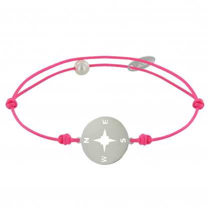Bracelet Lien Fluo Médaille Ronde Rose des Vents Laiton Argenté