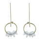 Boucles d'Oreilles Grand Crochet Laiton Anneau et Petits Disques de Verre Vert