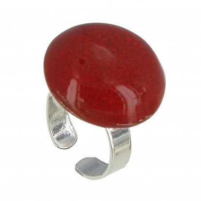 Bague Métal Argenté Champignon Céramique Rouge