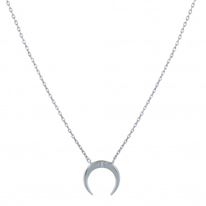 Collier Argent Rhodié Croissant de Lune et Deux Strass - Petit Modèle