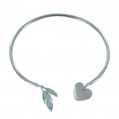 Bracelet Argent Rhodié Demi Jonc Deux Plumes et Un Coeur