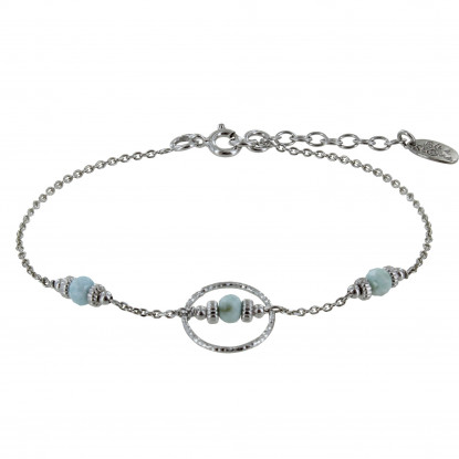 Bracelet Argent Rhodié Anneau Ciselé Trois Petites Perles de Larimar Facettées et Anneaux Zébrés