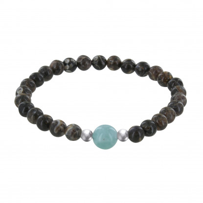 Bracelet Femme Perles Agate Marron Une Perle de Larimar et Deux Perles Argent