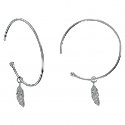 Boucles d'Oreilles Argent Rhodié Demi Créoles et Petite Plume