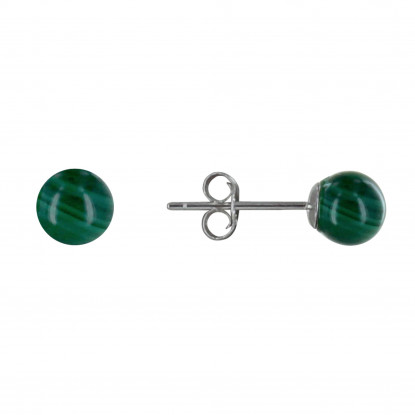 Boucles d'Oreilles Clou Argent Rhodié et Perles de Malachite 6 mm