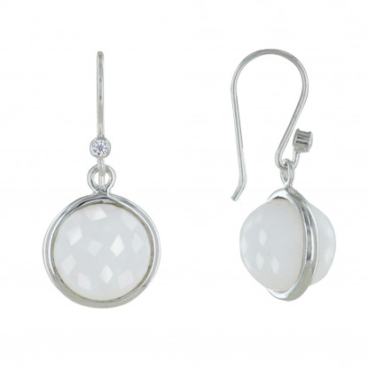 Boucles d'Oreilles Crochet Argent Avec Strass Sphère d'Agate Blanche
