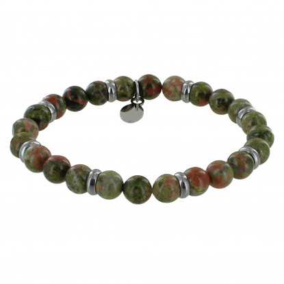 Bracelet Elastique Anneau Acier et Perles Unakite