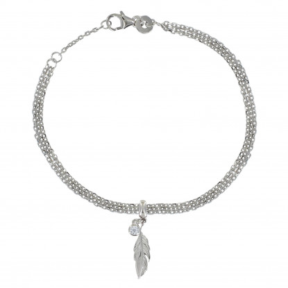 Bracelet Argent Rhodié Triple Chaines Plume et Strass