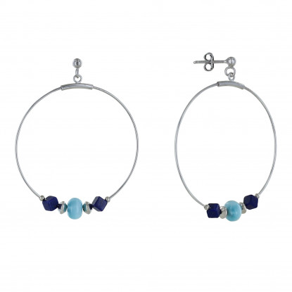 Boucles d'Oreilles Argent Créoles Anneau de Larimar et Deux Cubes de Lapis Lazuli