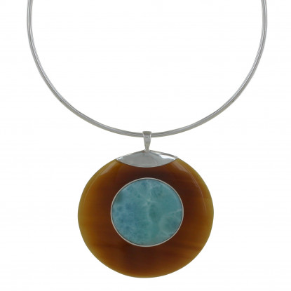 Collier Torque Argent Disque en Corne et Cercle de Larimar