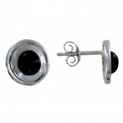 Boucles d'Oreilles Argent Puces Disque en Argent et Perle d'Agate Noire