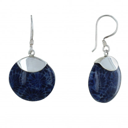Boucles d'Oreilles Argent Disque Coquillage Teinté Bleu
