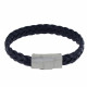 Bracelet Homme Cuir Bleu Foncé Tréssé Plat Fermoir Acier Inoxydable