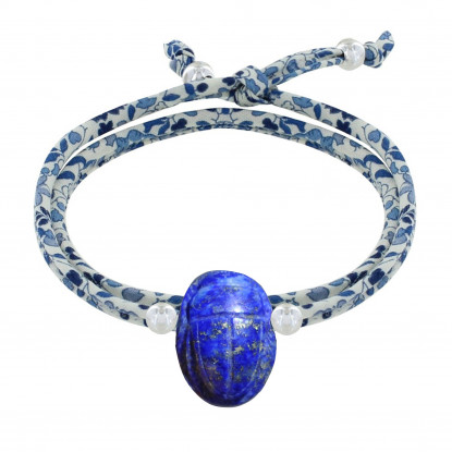Bracelet Double Tour Lien Liberty Talisman Scarabée Lapis Lazuli et Perles Argent