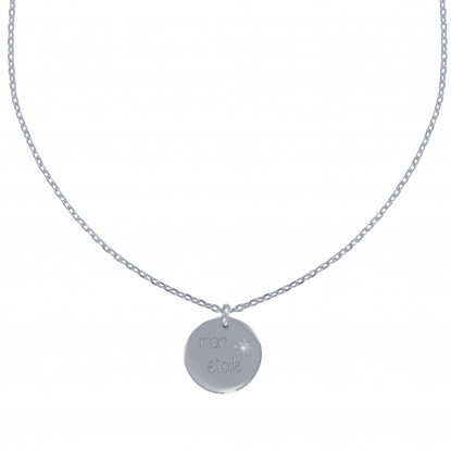 Collier Argent Rhodié Médaille Ronde Gravée Mon Etoile