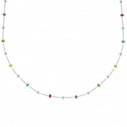 Collier Argent Perles Émaillées Arc En Ciel et Perles Argent