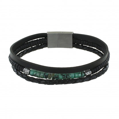Bracelet Acier Homme Cuir Noir et Anneaux Haulite Verte