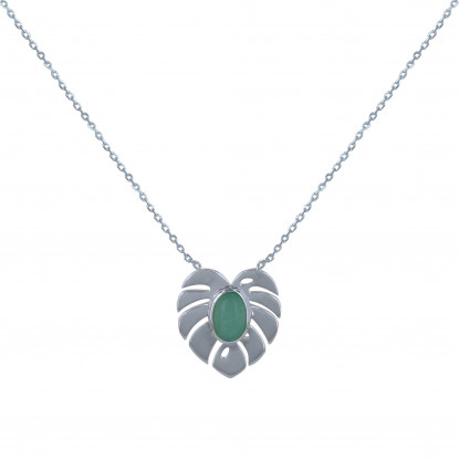 Collier Argent Rhodié Feuille et Ovale d'Aventurine