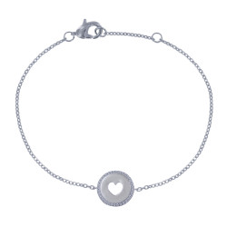 Bracelet Argent 925 Rhodié Médaille Ronde Coeur Ajouré et Strass