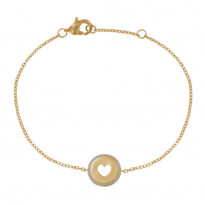 Bracelet Plaqué Or Médaille Ronde Coeur Ajouré et Strass