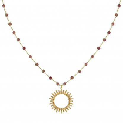 Collier Plaqué Or Soleil de Billes Ajouré et Perles Facettées Tourmaline Rose