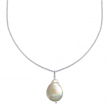 Collier Argent Rhodié Perle de Nacre Plate