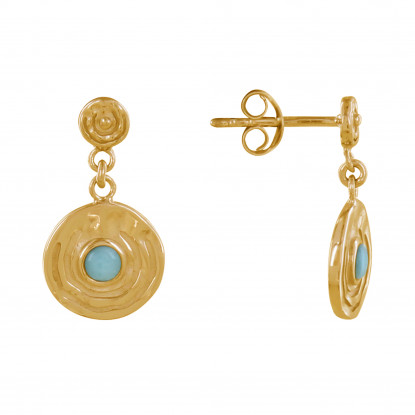 Boucles d'Oreilles Plaqué Or Médaille Ronde et Demi Perle de Larimar