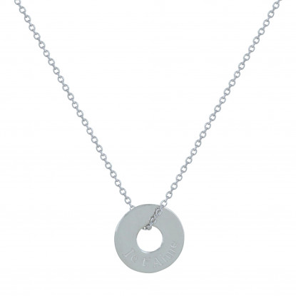 Collier Argent Rhodié Jeton Ajouré Gravé Je T'Aime