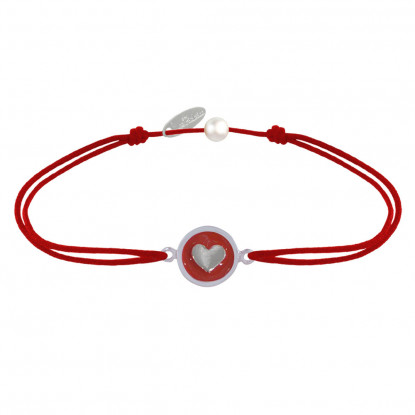 Bracelet Lien Médaille Argent Ronde Coeur Emaillée Rouge